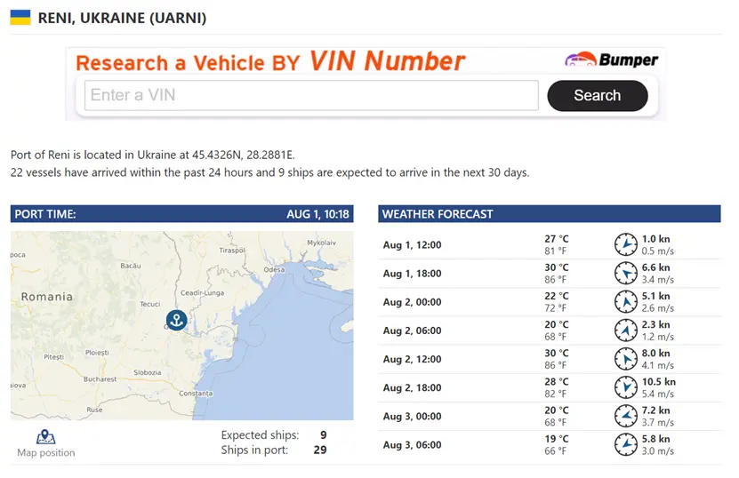Vessel Finder的信息显示，雷尼港所在位置为45.4326N, 28.2881E，地处乌克兰敖德萨州境内。