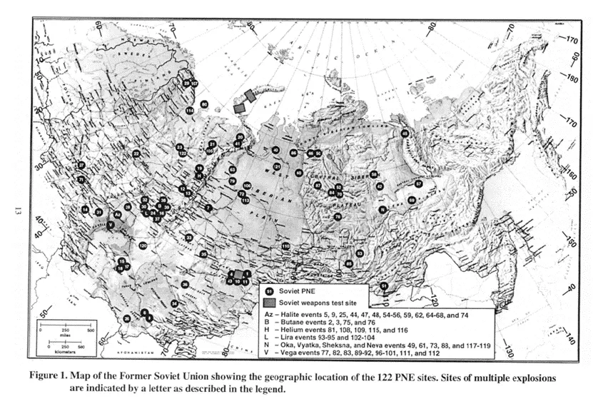 苏联“国民经济核爆炸”试验地点（图片来源：《苏联和平利用核爆炸计划》）