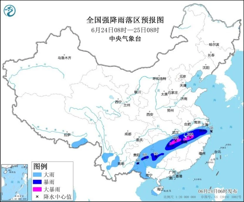 全国强降水落区预报（6月24日8时-25日8时）