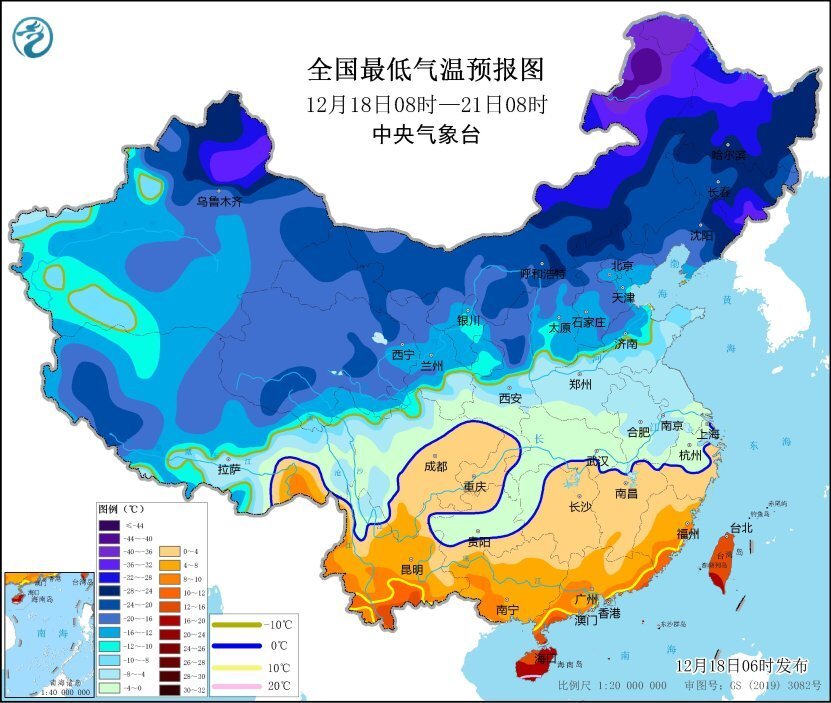 全国最低气温预报图（12月18日8时-21日8时）。中央气象台 图