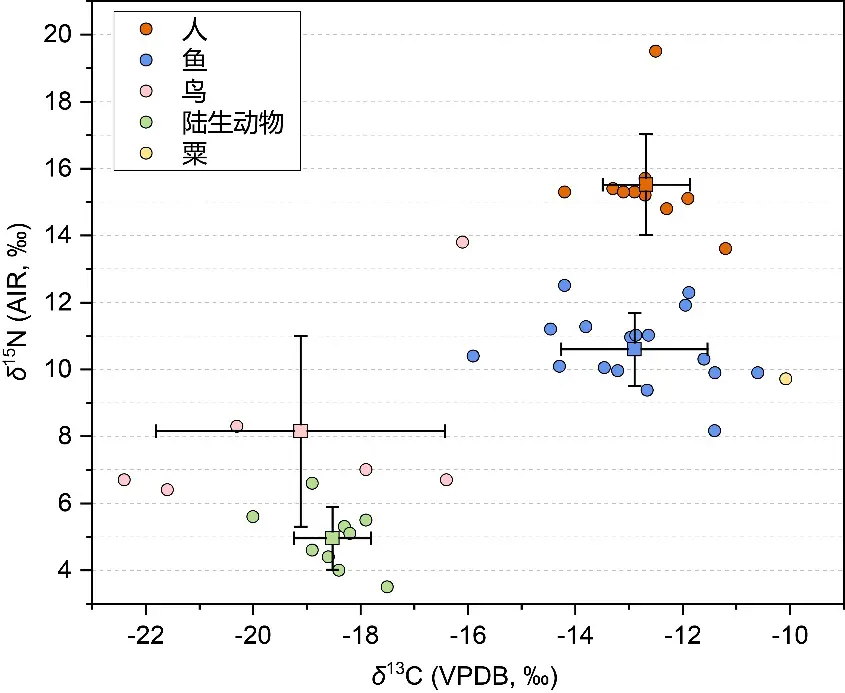 图3　玛不错遗址出土人、动物和农作物遗存的碳氮稳定同位素组成