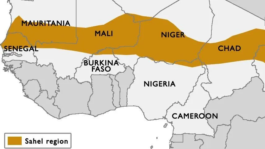 ▲ 对于萨赫勒地区的地理定义各不相同。通常，萨赫勒地区从大西洋沿岸的塞内加尔延伸，穿过毛里塔尼亚、马里、布基纳法索、尼日尔、尼日利亚、乍得和苏丹的部分地区，到达红海沿岸的厄立特里亚。