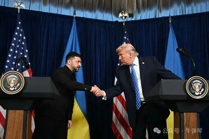 US President Donald Trump and Ukrainian President Volodymyr Zelensky shake hands during a press conference following talks at Trump's Mar-a-Lago residence in Palm Beach, Florida, on Sunday.