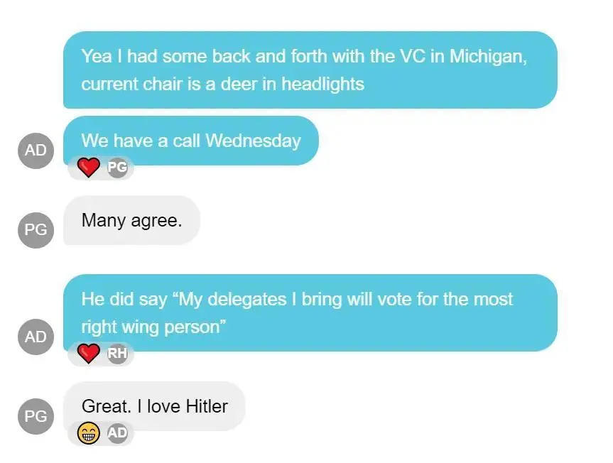 ▎一位青年共和党人在群聊里发言称:“太棒了,我爱希特勒。”(图源:Politico)