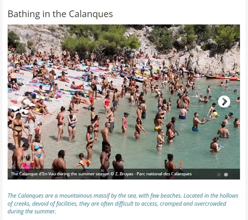 △法国卡朗格峡湾公园官网的劝退图文。（图/ Parc natinal des Calanques）