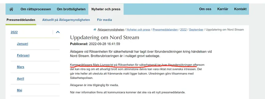瑞典检察院9月28日公告“北溪”管道爆炸案将由分院检察官马茨-伦奎斯特接手。