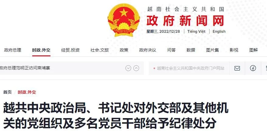  越南外交部党组错误造成严重后果，外长裴青山被处分