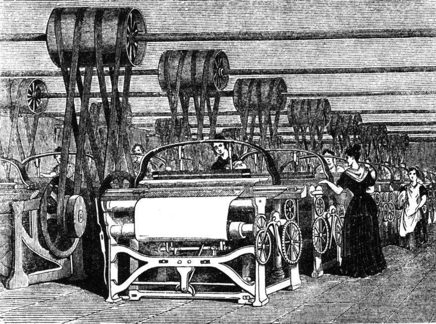 蒸汽机驱动的工厂，需要大量皮带和滑轮