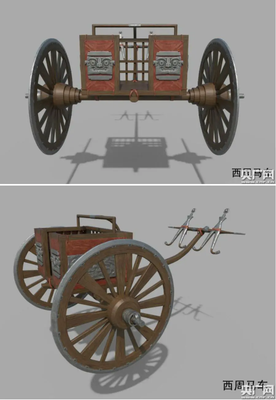 西周“青铜轮牙马车”复原图。图片截自央广网，原图由陕西省考古研究院提供。