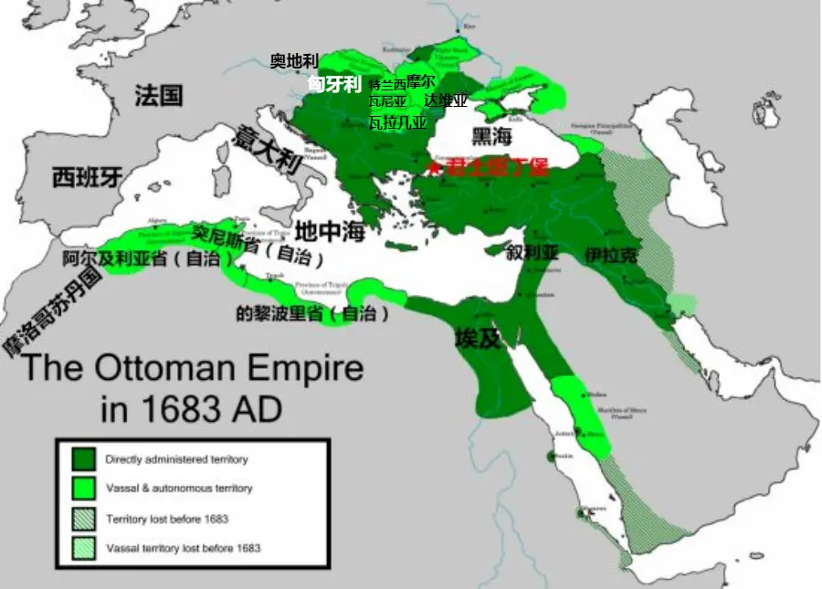 ▲奥斯曼占领的地区（深绿）和附属国（浅绿），瓦拉几亚和摩尔达维亚属于浅绿部分