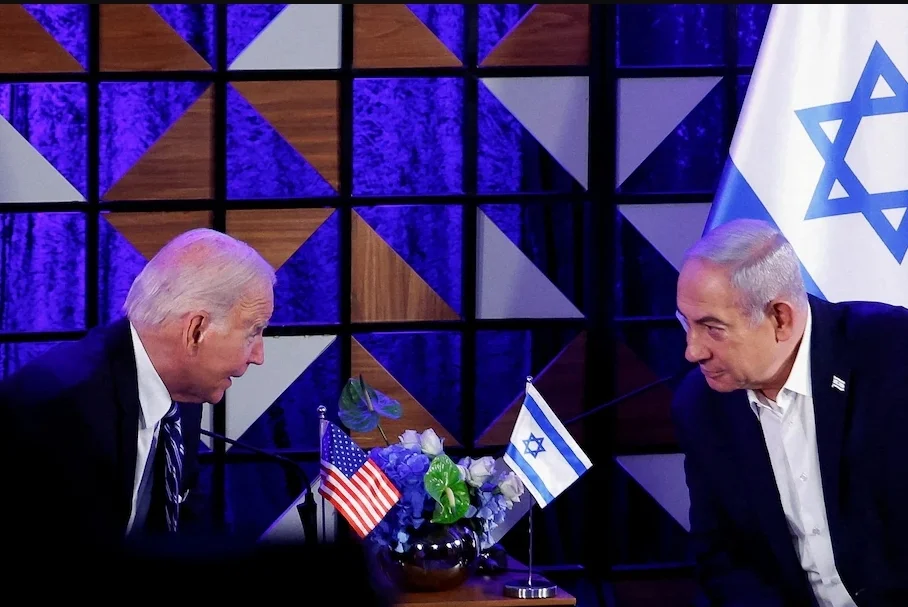 去年10月，拜登访问以色列特拉维夫期间与内塔尼亚胡会晤。（图源：路透社）