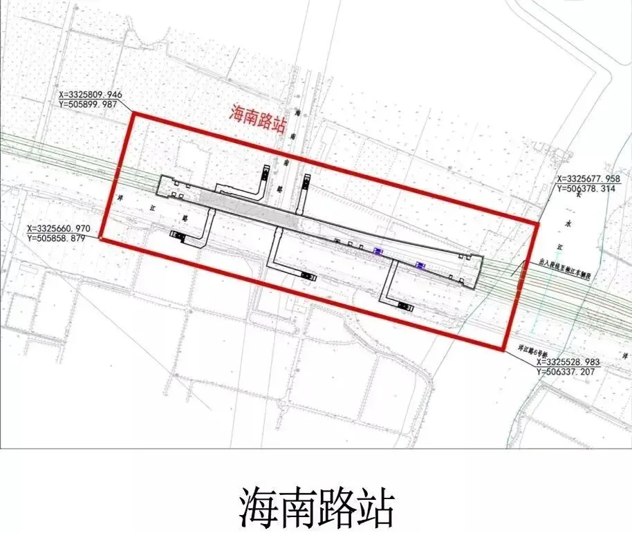 2022年1月22日,绍兴市自然资源和规划局发布建设工程规划许可证,取消袍江车辆段建设,并扩建海南路站(今“豆姜站”),图为海南路站选址变更红线图