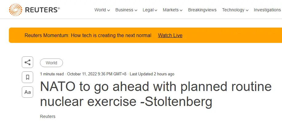路透社：斯托尔滕贝格称，北约将按计划举行例行核演习