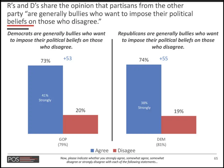 73%认为自己是共和党人的选民认同“民主党人通常是恶霸，他们想把自己的政治信仰强加给那些持不同意见的人”，74%认为自己是民主党人的选民认同“共和党人通常是恶霸，他们想把自己的政治信仰强加给那些持不同意见的人”