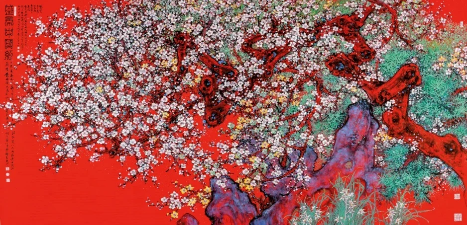 萧晖荣 《盛景中国红》红笺纸本设色 2025年4月作 124x248cm