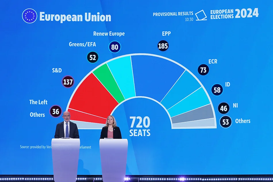 这是6月10日在位于比利时布鲁塞尔的欧洲议会拍摄的选举临时结果。 新华社记者 赵丁喆 摄
