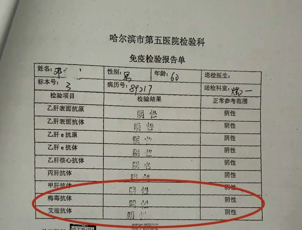哈尔滨市第五医院住院期间梅毒检测阴性