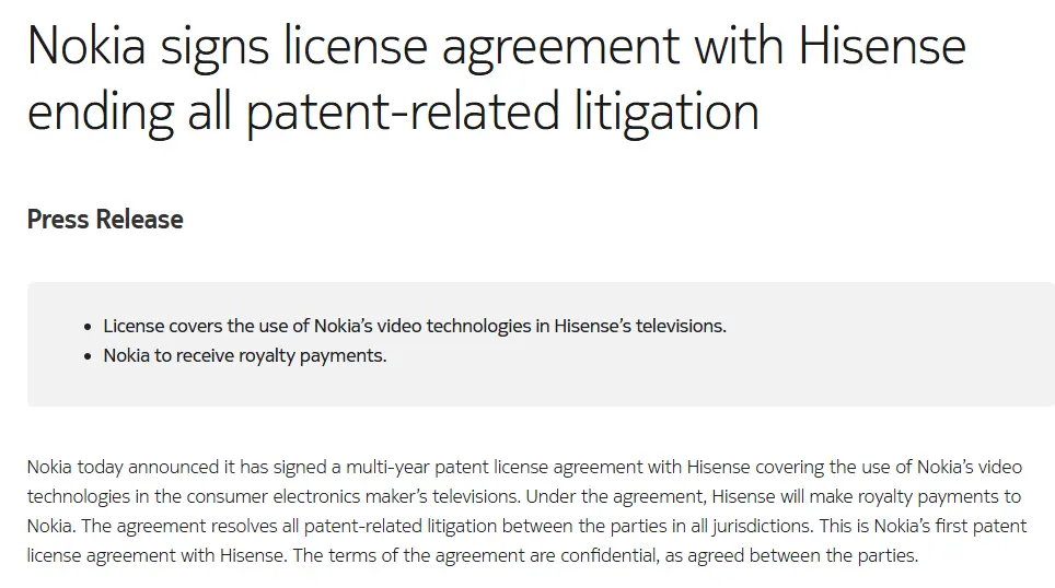 诺基亚与海信达成专利许可协议 结束所有相关诉讼
