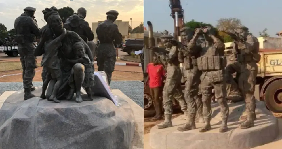 “瓦格纳”在美国眼中是“犯罪组织”，但中非共和国的人民却愿意为他们建立纪念碑。（在纪念碑中，3名瓦格纳雇佣兵与1名当地武装人员一起，共同保护一名母亲与她的两个孩子）